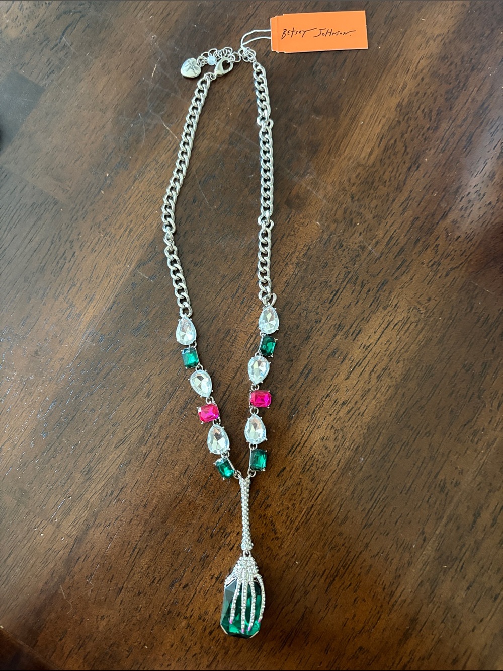 Betsey Johnson Silver Necklace with Green, Pink & Clear Stones